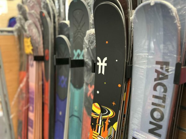 Colorful display of many new skis.